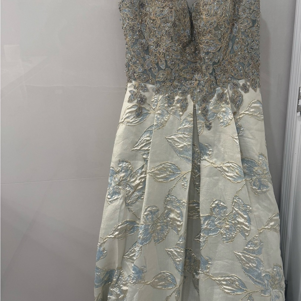 Jovani Backless Dress with Blue and Gold Floral Design